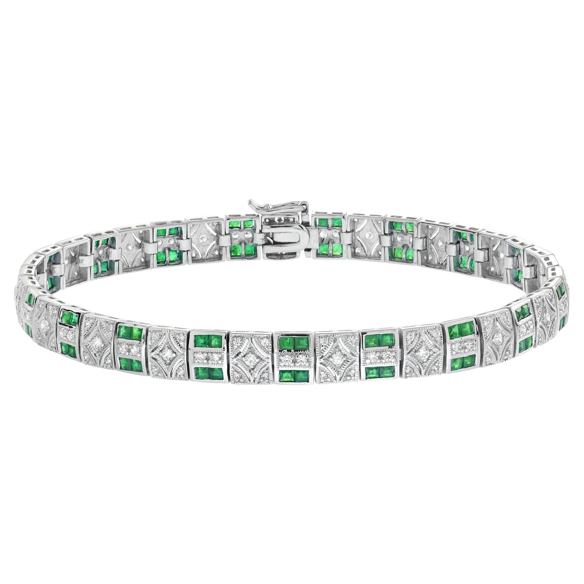 French Cut Emerald and Diamond Art Deco Style Link Bracelet in 18K White Gold