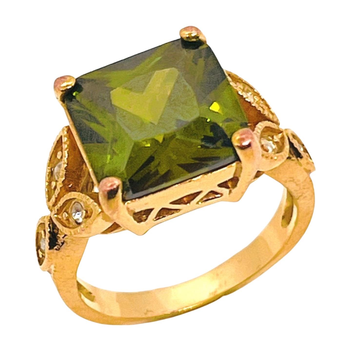 French Cut Faux Peridot Golden Ring, CZ, Cathedral Shank, Belle Epoque Style