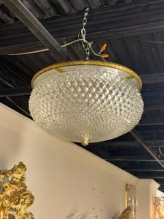 French Cut Glass and Gilt Brass Flush Mount Chandelier