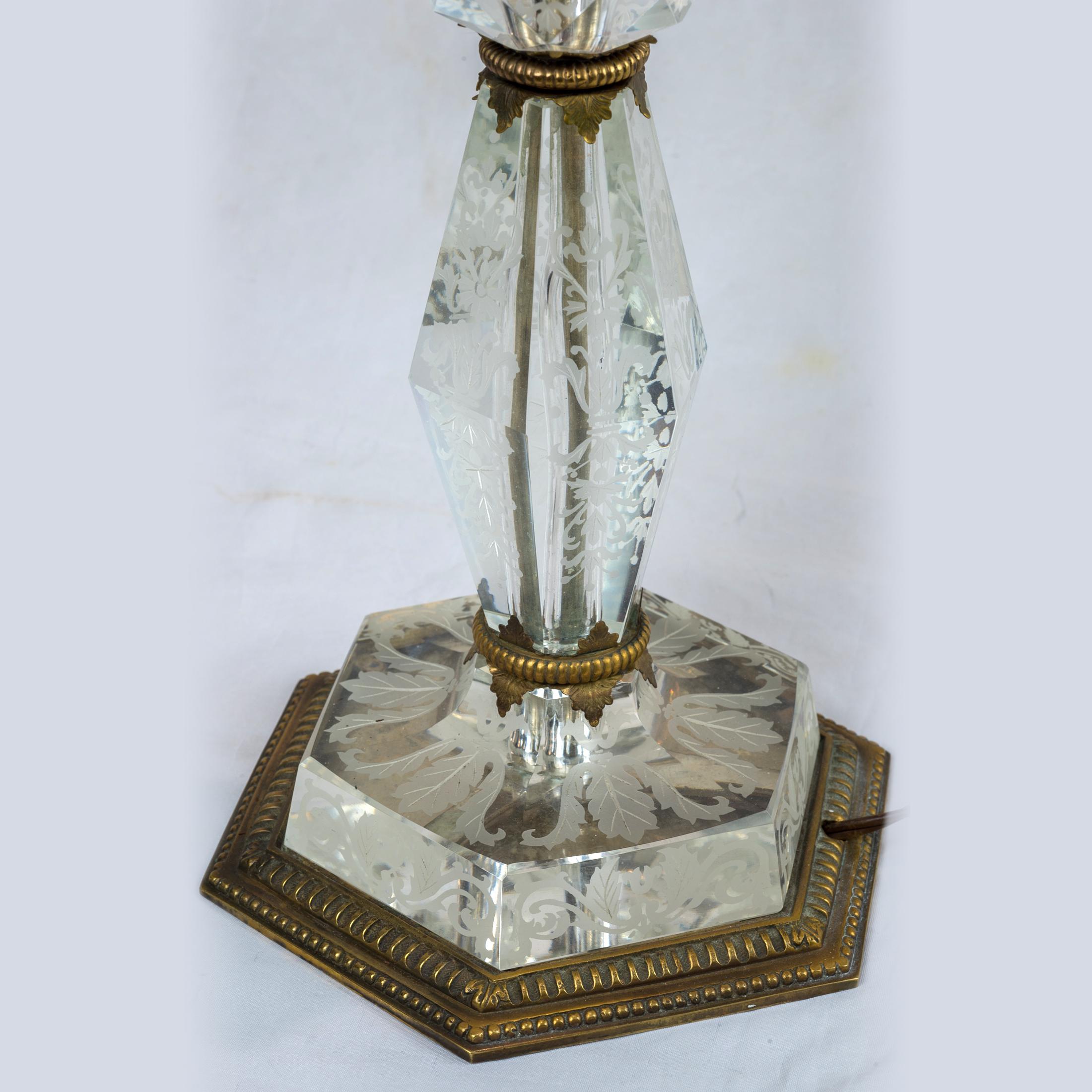 19th Century French-Cut Glass Lamps with Etched Floral Decorations For Sale