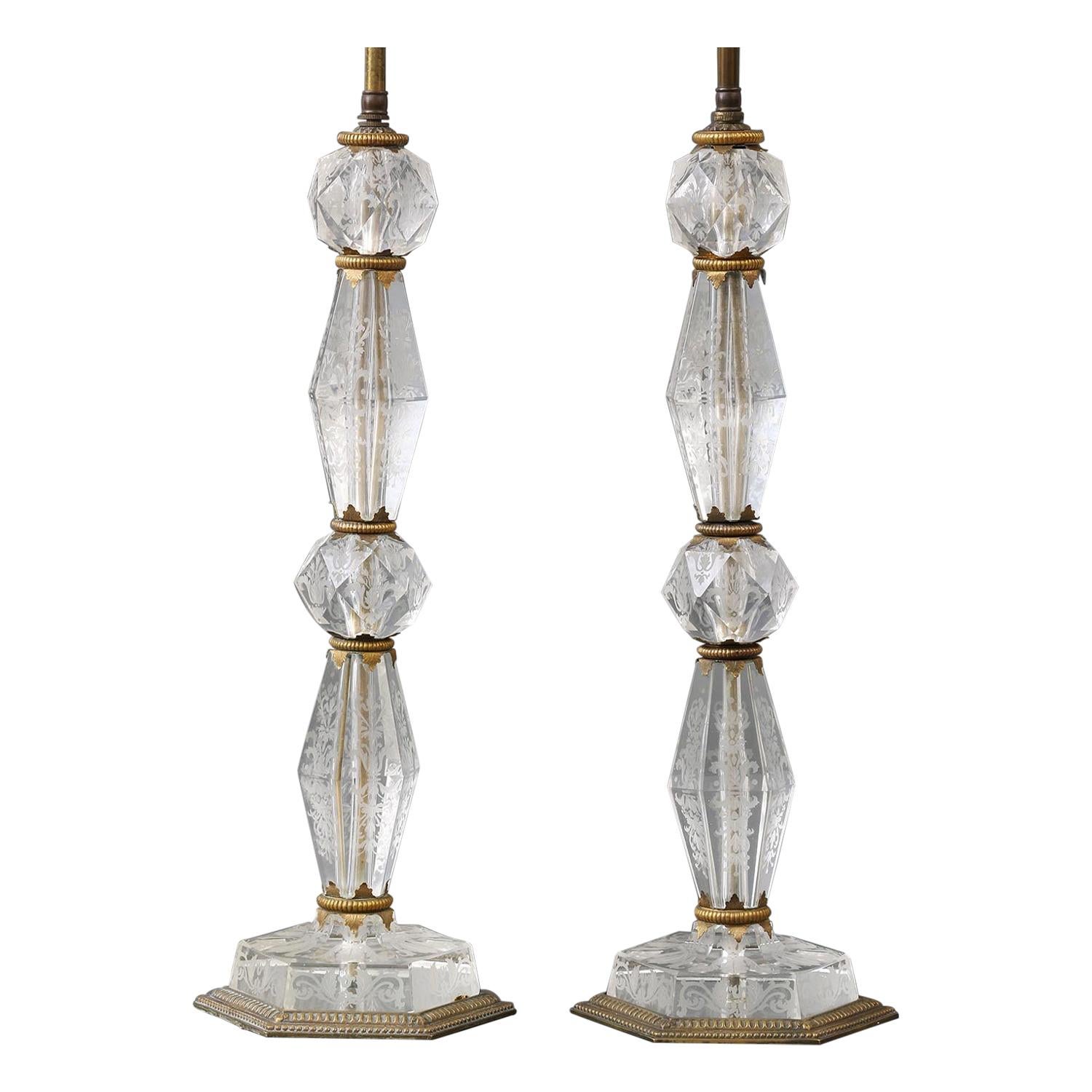 French-Cut Glass Lamps with Etched Floral Decorations For Sale