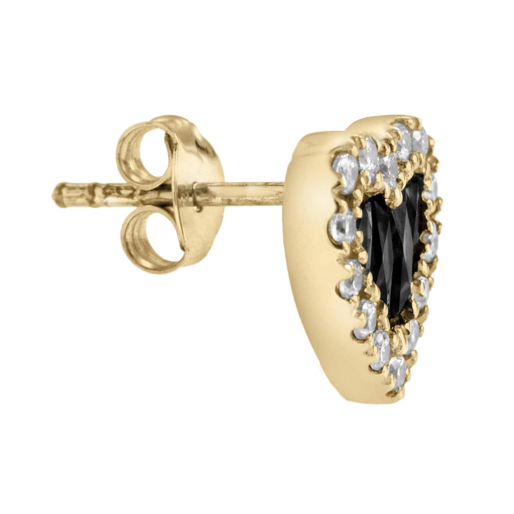 Art Deco French Cut Onyx and Diamond Heart Shape Stud Earrings in 9K Yellow Gold For Sale