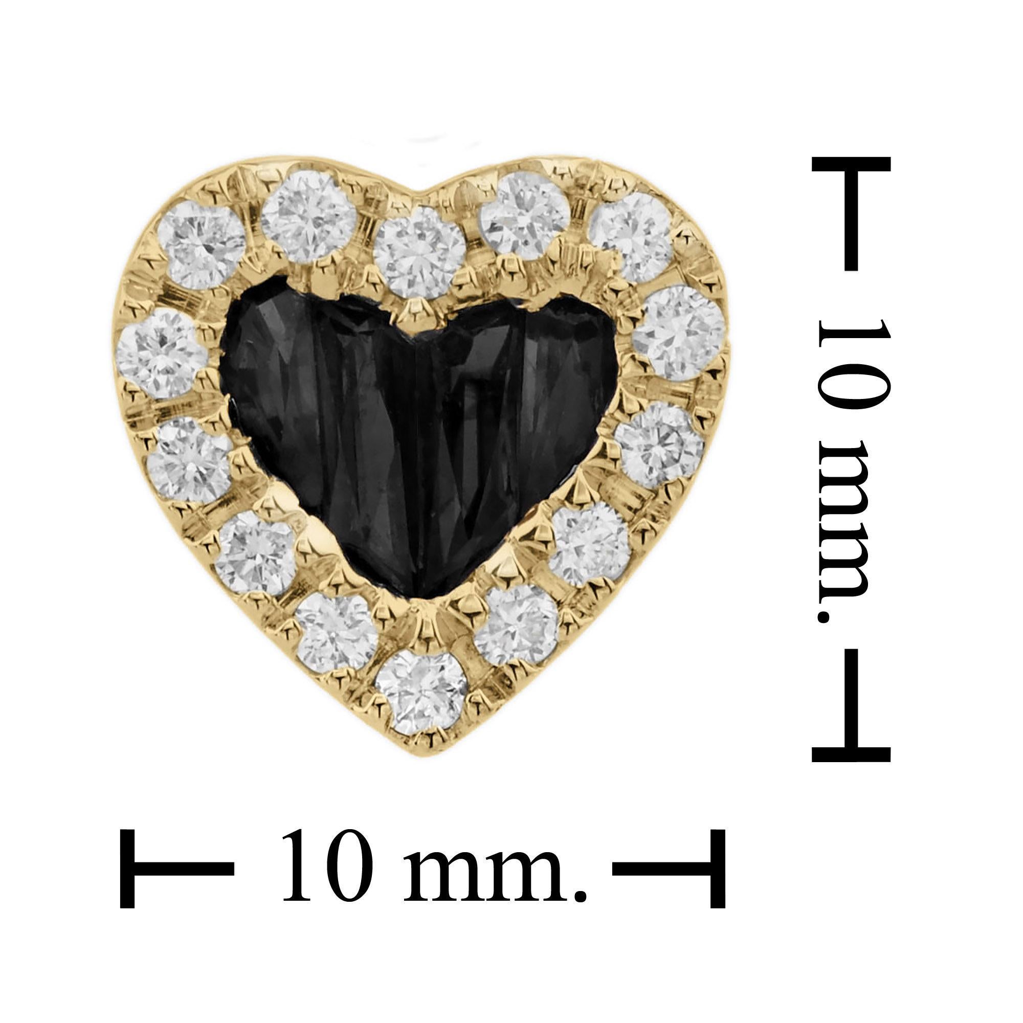 Women's French Cut Onyx and Diamond Heart Shape Stud Earrings in 9K Yellow Gold For Sale