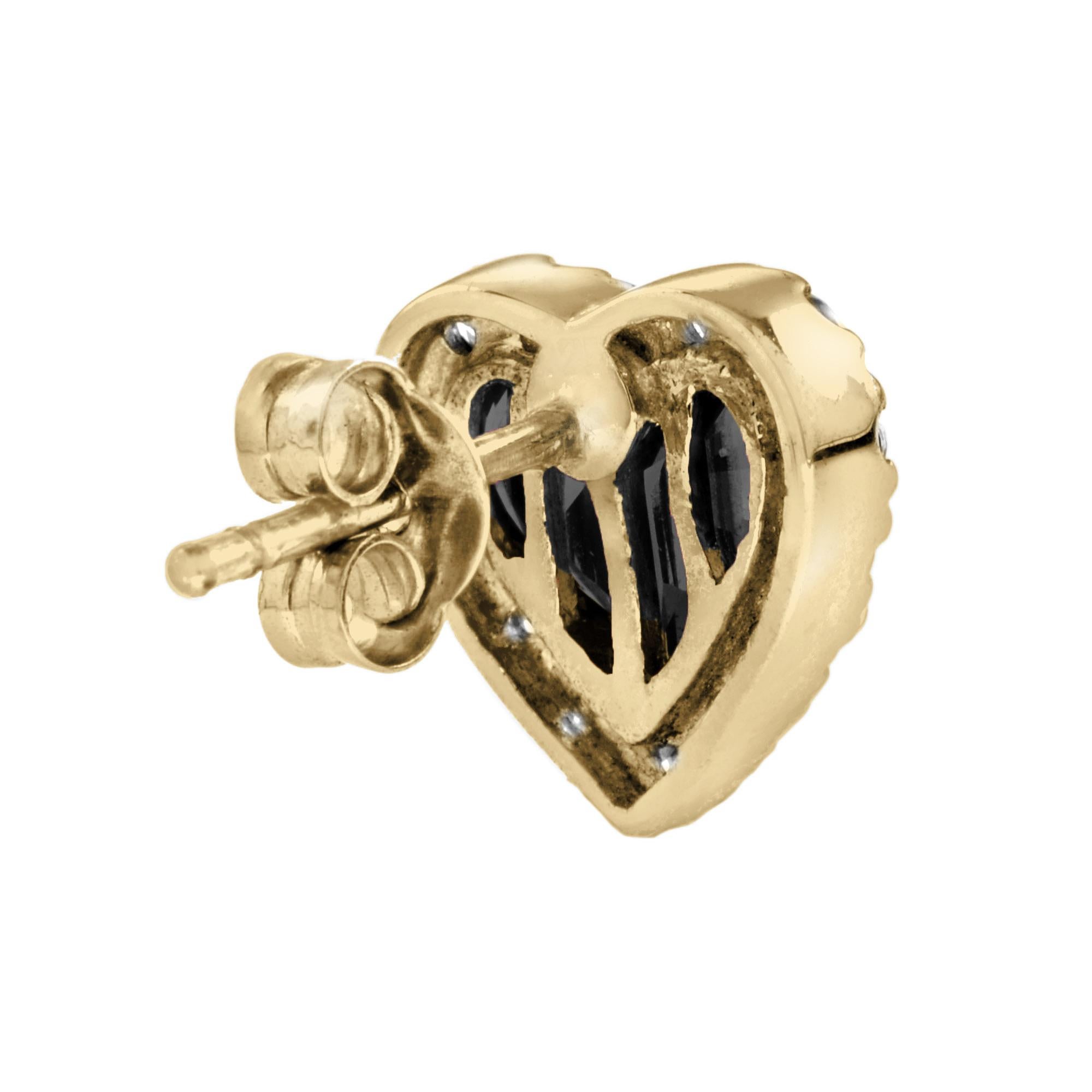 French Cut Onyx & Diamond Heart Shape Stud 14K Yellow Gold Earrings In New Condition For Sale In Oakton, VA