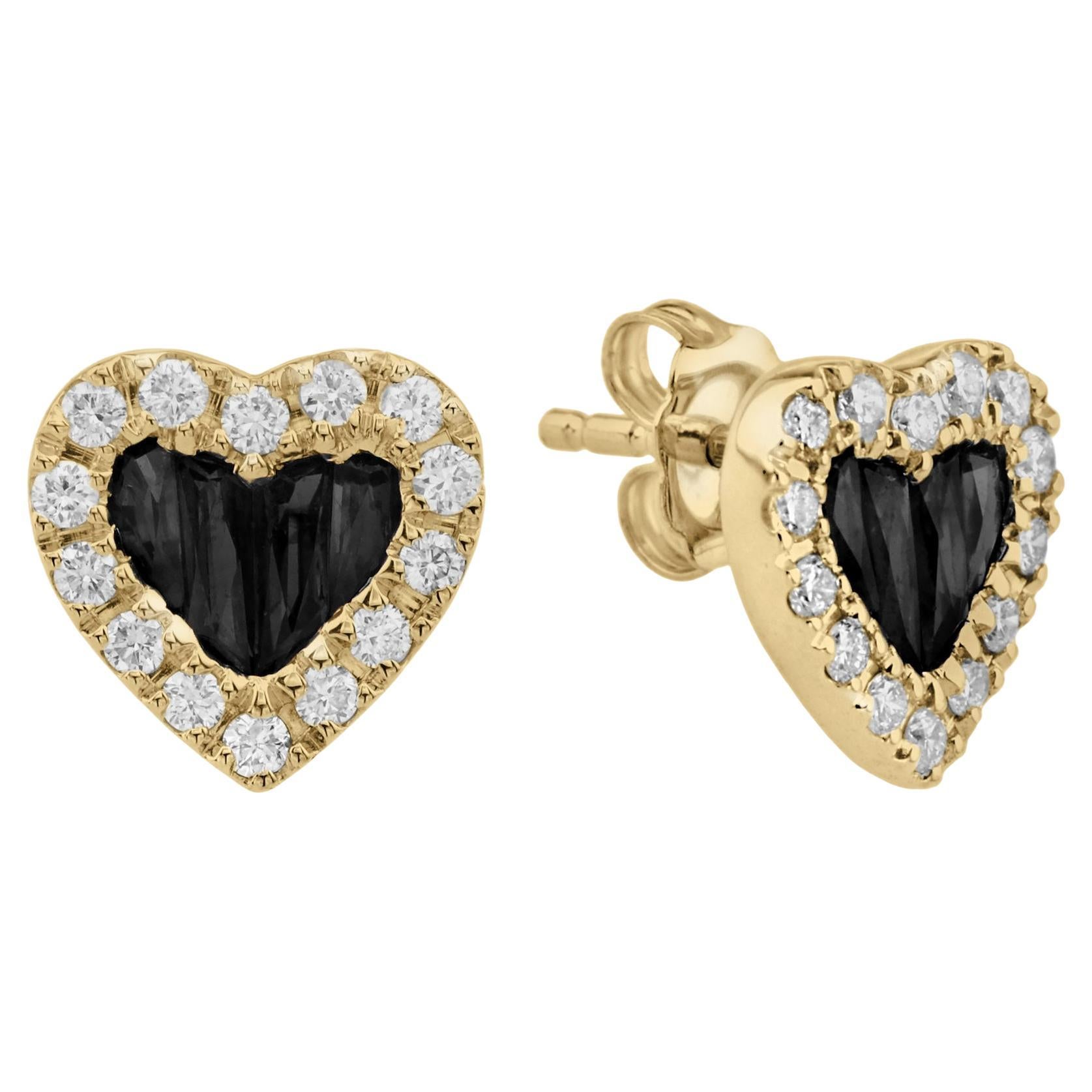French Cut Onyx & Diamond Heart Shape Stud 14K Yellow Gold Earrings For Sale