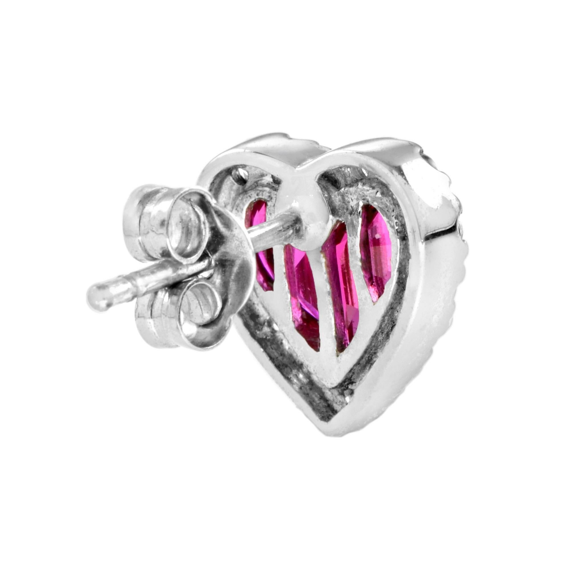 Taille française Boucles d'oreilles or blanc 14K en forme de coeur avec halo de diamants et rubis rouge et rose de taille française en vente