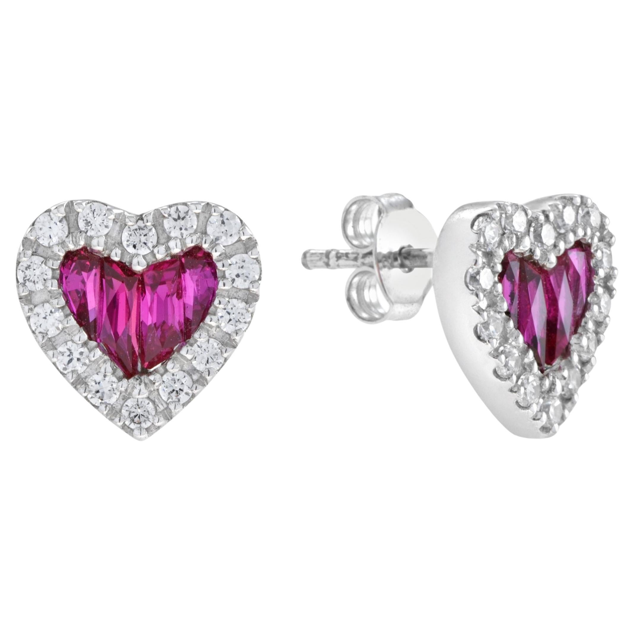 French Cut Red Pink Ruby Diamond Halo Heart Shaped Stud 14K White Gold Earrings