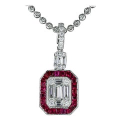 French Cut Rubies Necklace with Diamonds 18 Karat Gold