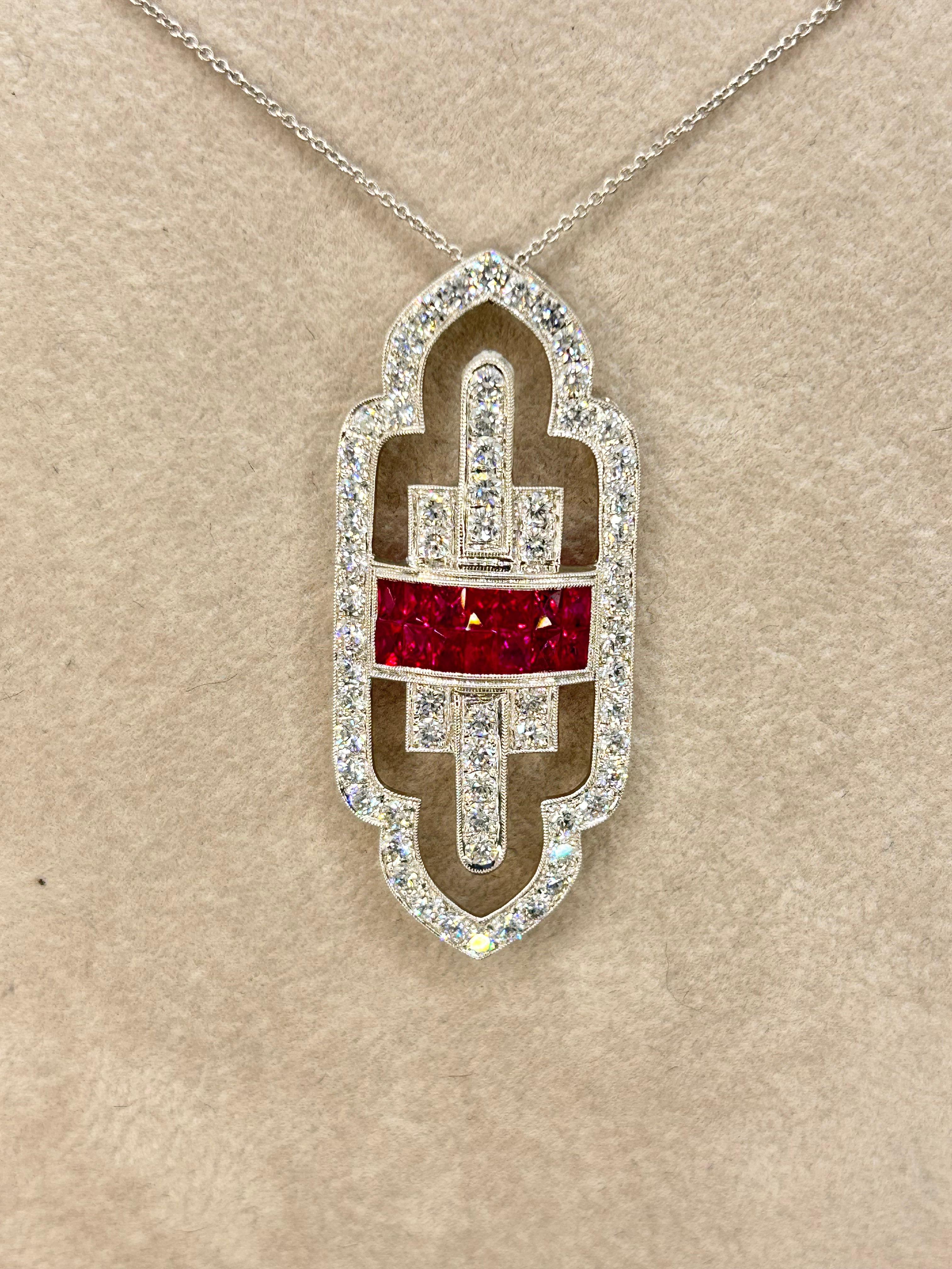 Art Deco French Cut Ruby and Diamond Pendant 18Karat White Gold For Sale