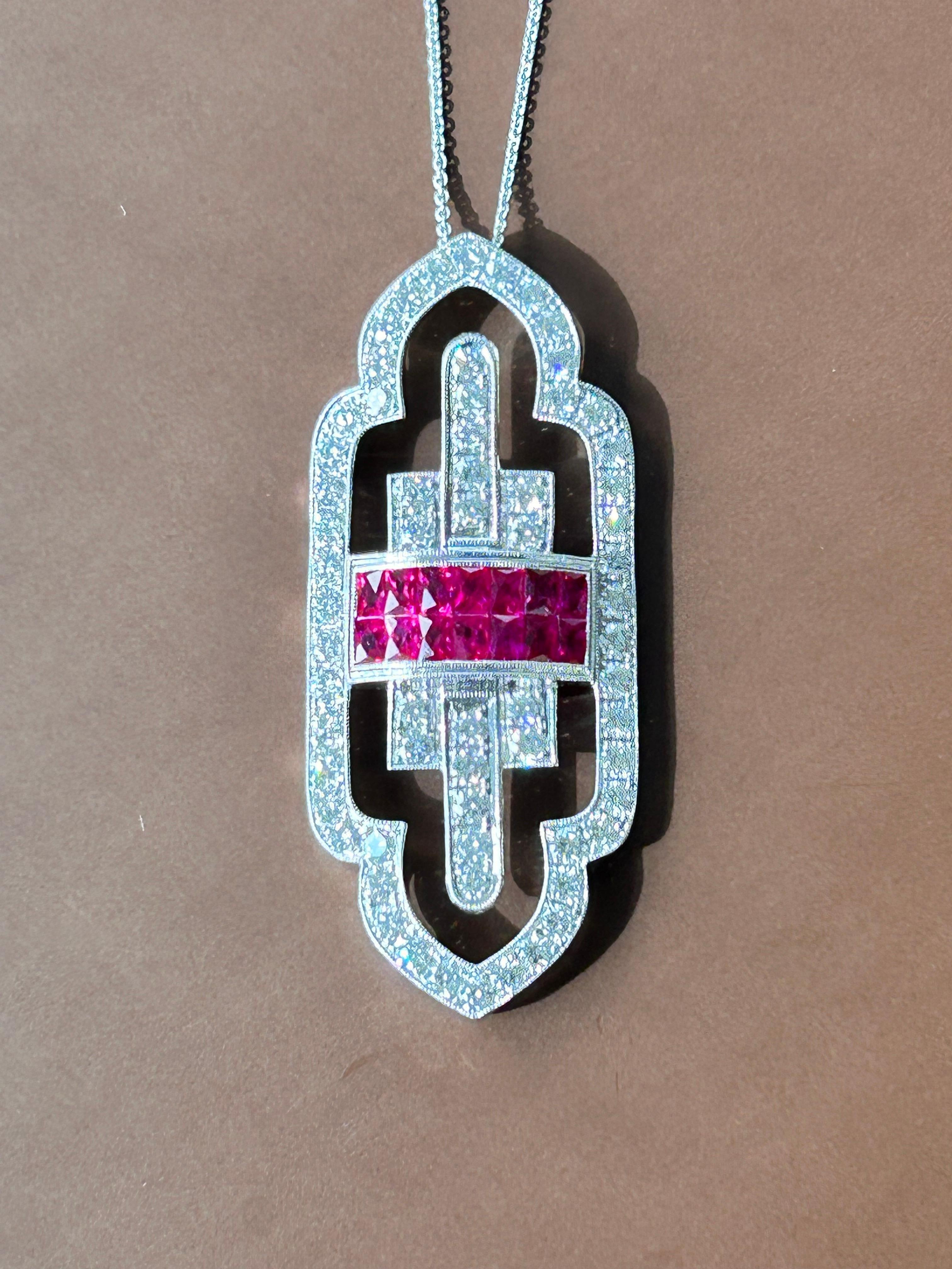 Brilliant Cut French Cut Ruby and Diamond Pendant 18Karat White Gold For Sale