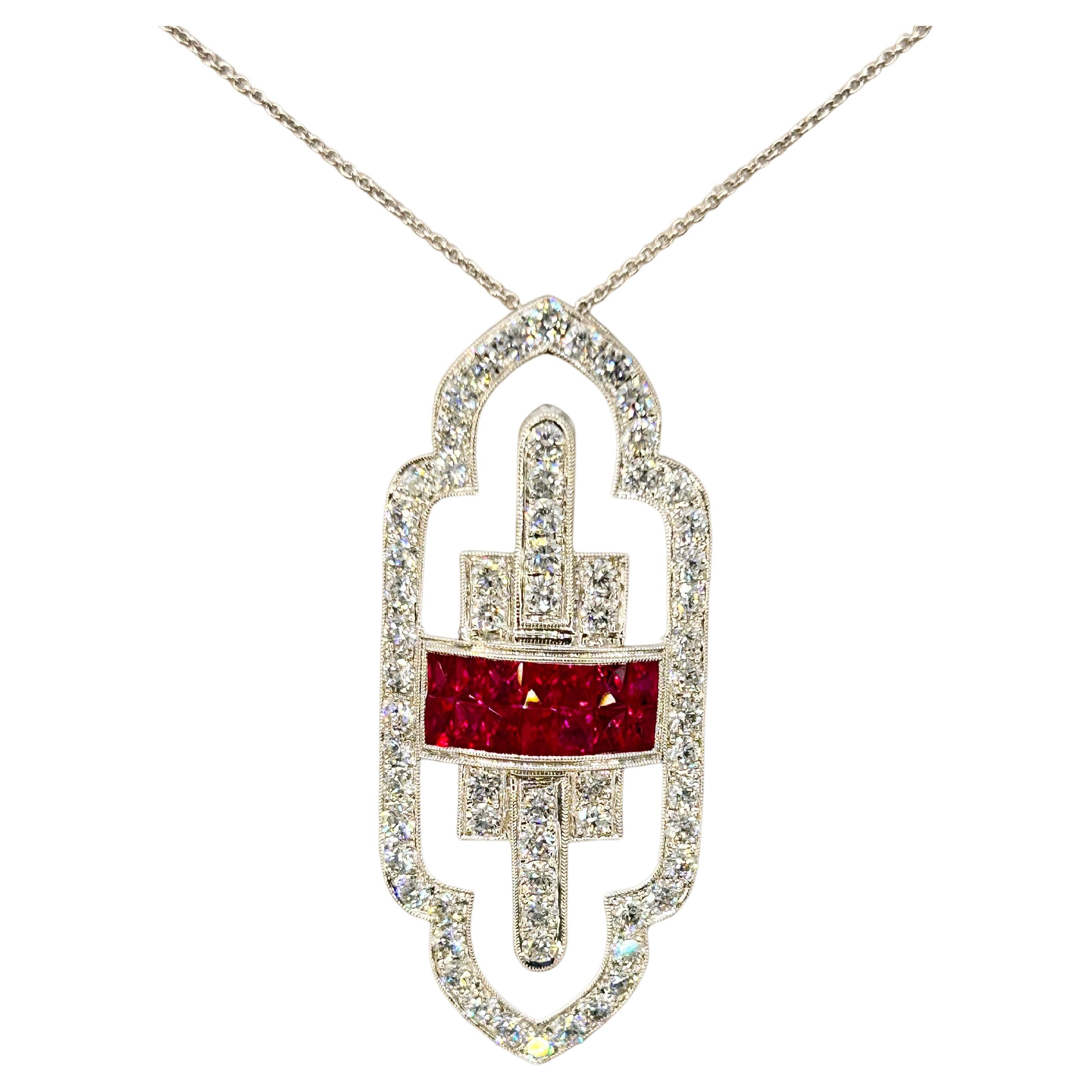 French Cut Ruby and Diamond Pendant 18Karat White Gold For Sale