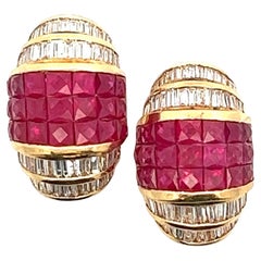 Französisch geschliffener Rubin Baguette-Diamant 18 Karat Gelbgold Vintage-Schirm-Ohrringe 