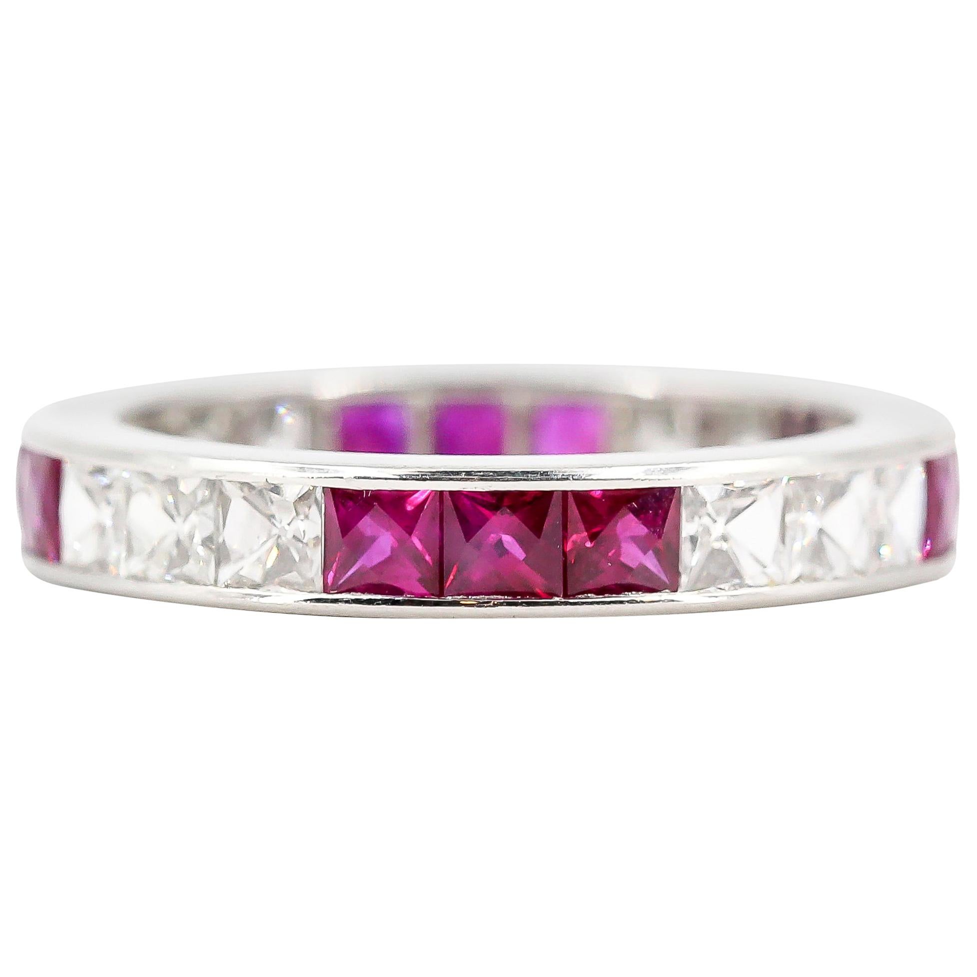 French Cut Ruby, Diamond and Platinum Band