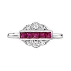 French Cut Ruby Diamond Art Deco Style Earrings & Ring Jewelry White Gold Set