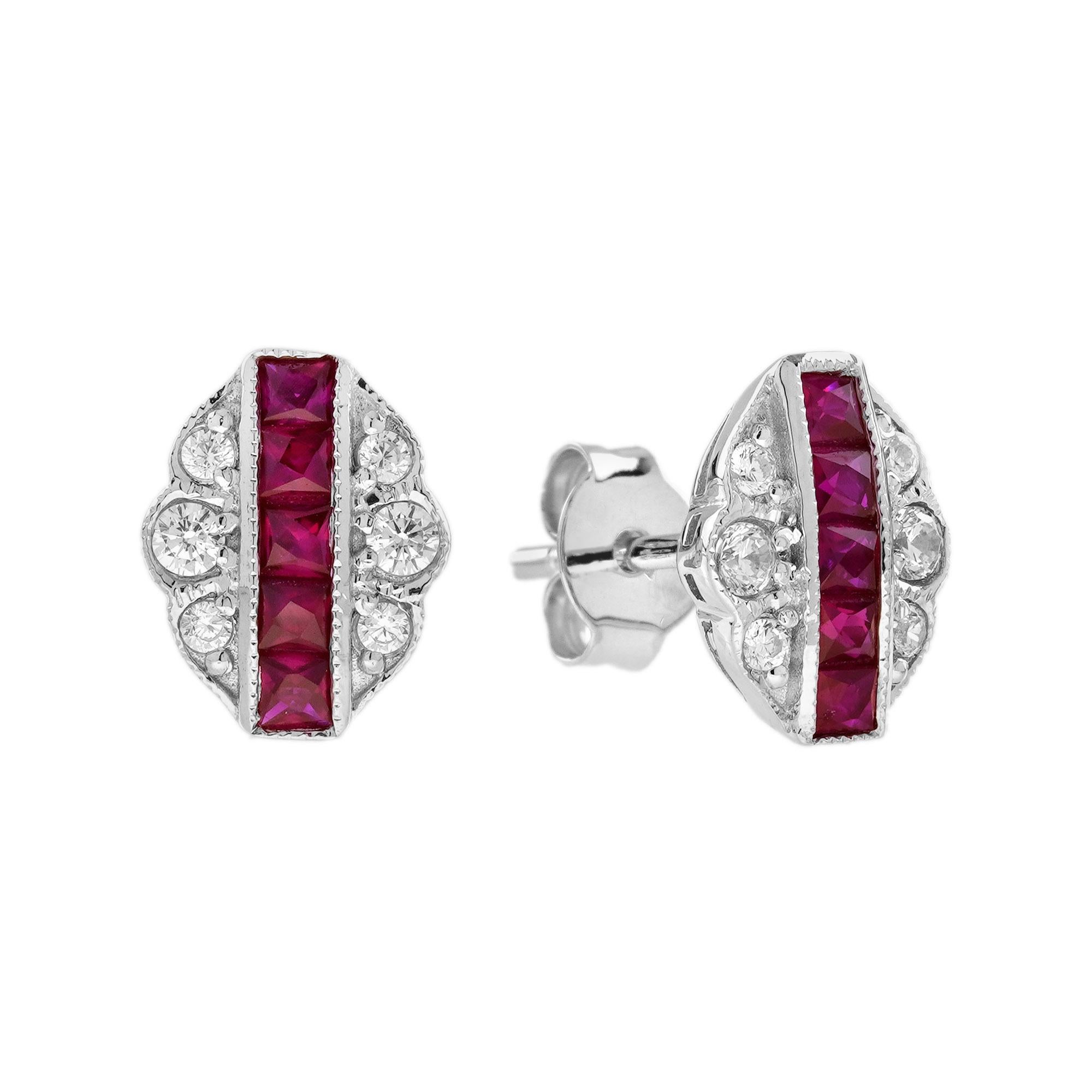 Elevate Your Everyday Elegance with Our French Cut Ruby Diamond Art Deco Style Jewelry Set, brilliantly crafted in luxurious 14K white gold. This stunning piece features a striking line of French cut rubies, known for their unique brilliance and
