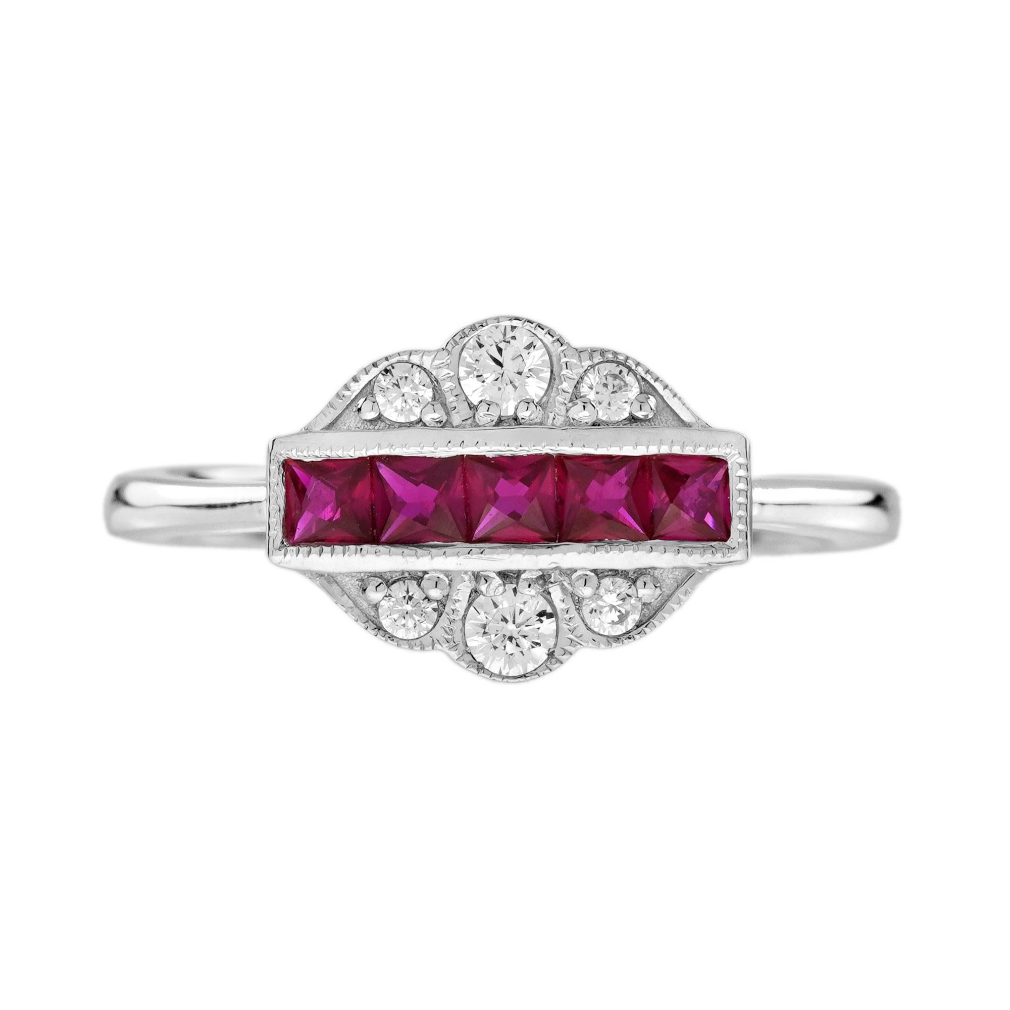 French Cut Ruby Diamond Art Deco Style Jewelry Set in 14K White Gold For Sale 4