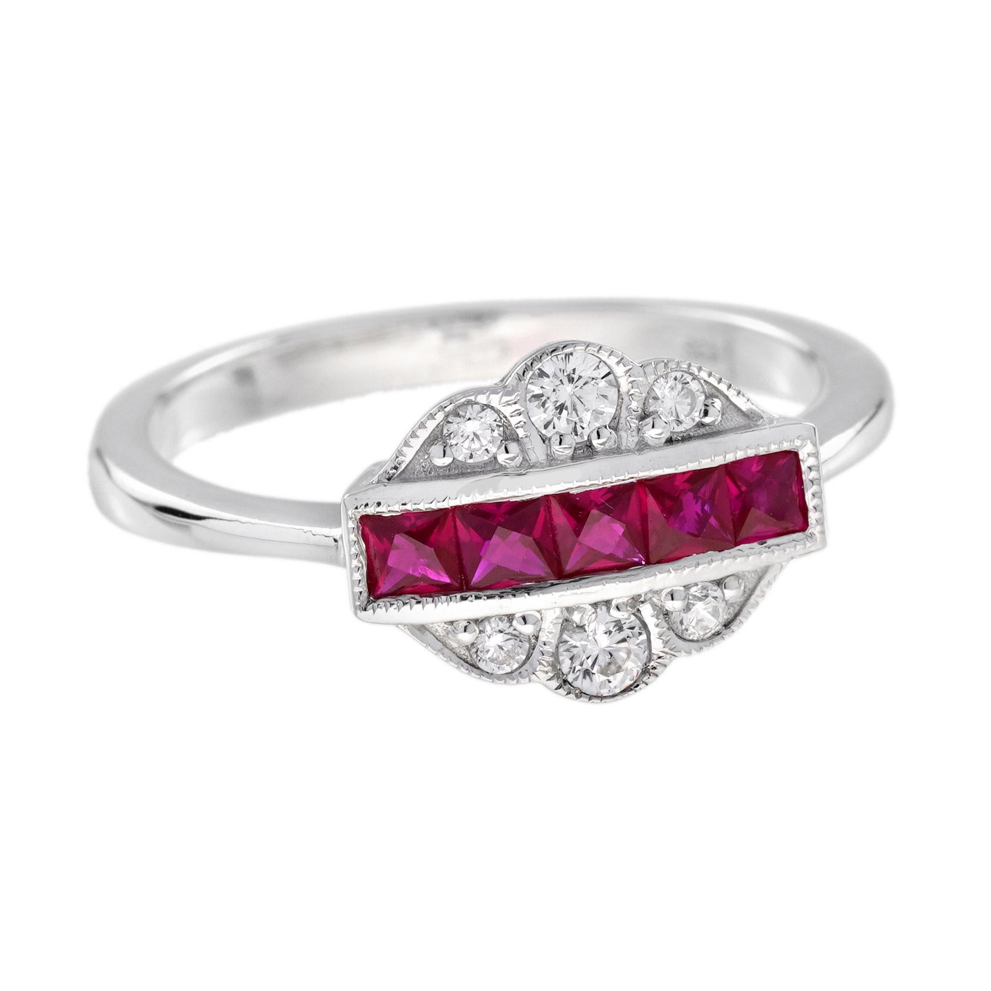 French Cut Ruby Diamond Art Deco Style Jewelry Set in 14K White Gold For Sale 5