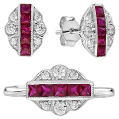 Conjunto de joyería estilo Art Déco de diamantes y rubíes talla francesa en oro blanco de 14 quilates