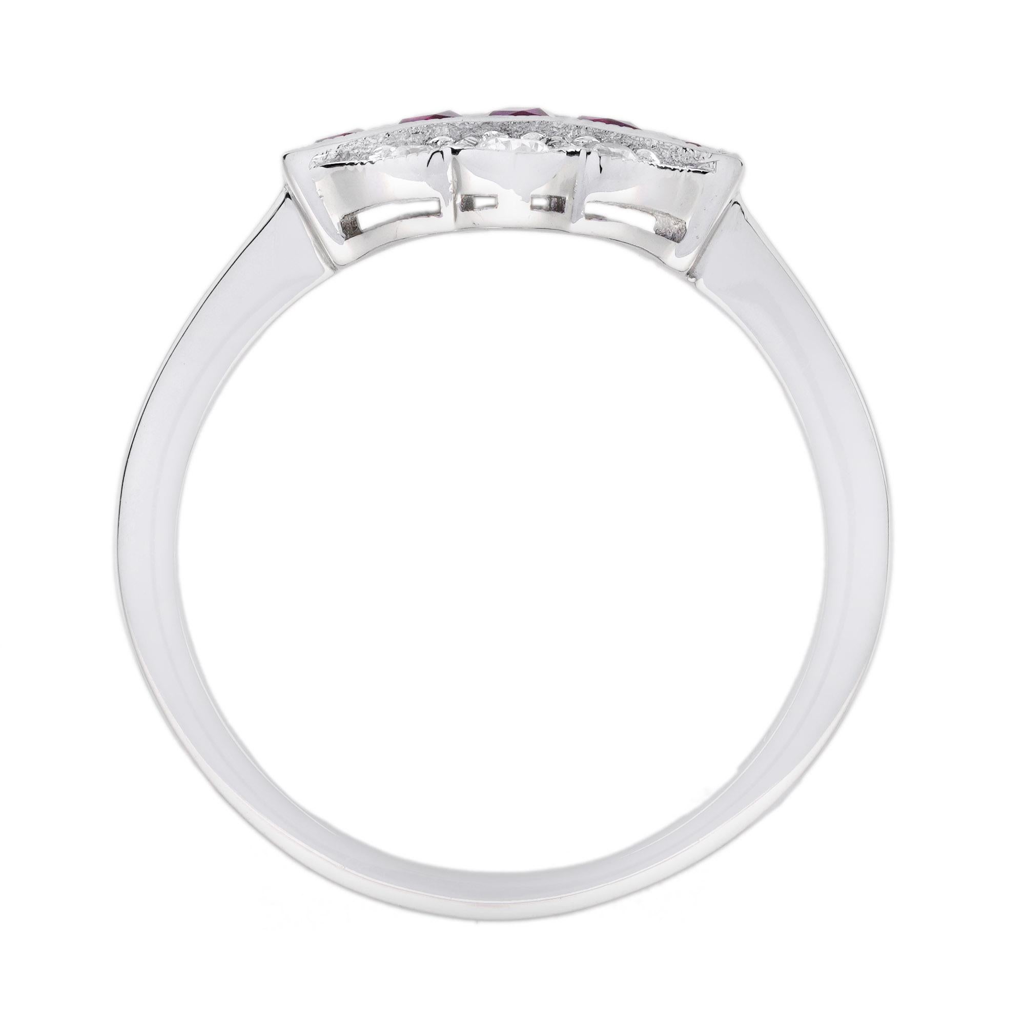 Ring aus 14 Karat Weißgold mit Rubin im französischen Schliff und Diamant im Art-déco-Stil Damen im Angebot