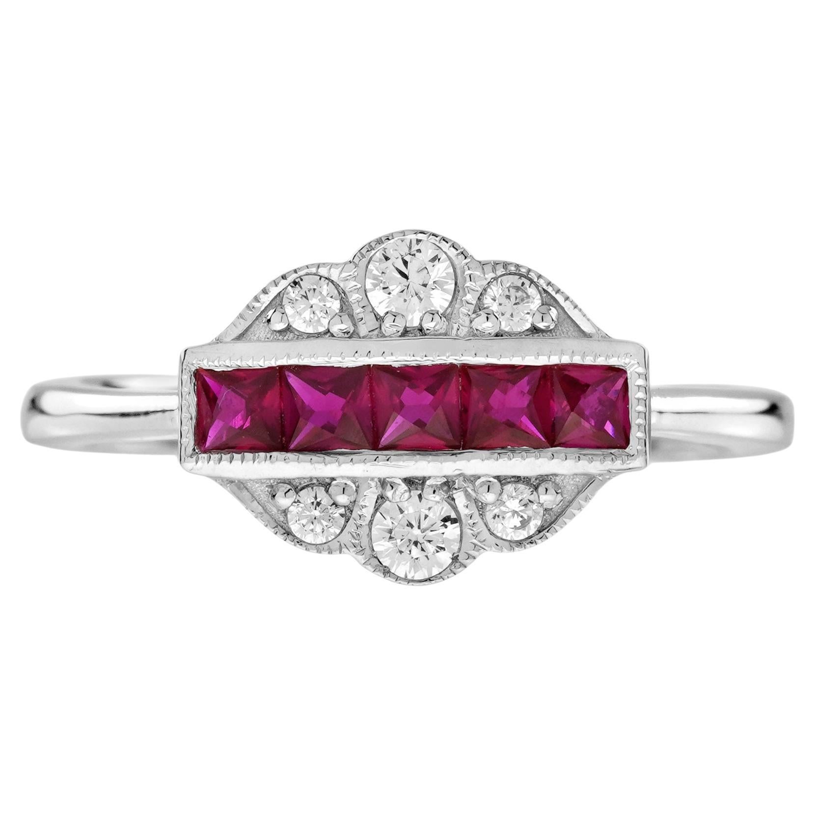 French Cut Ruby Diamond Art Deco Style Ring in 14K White Gold
