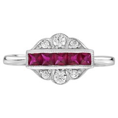 French Cut Ruby Diamond Art Deco Style Ring in 14K White Gold
