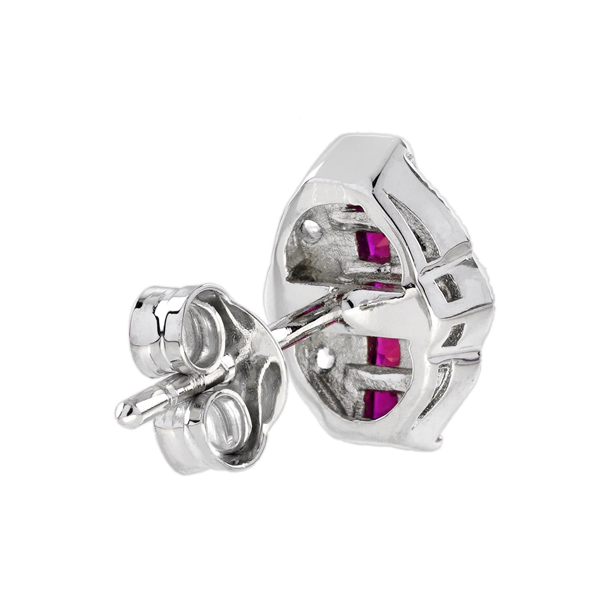 Taille française Boucles d'oreilles en or blanc 14 carats Rubis Diamant Art Déco en vente