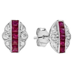French Cut Ruby Diamond Art Deco Style Stud Earrings in 14K White Gold