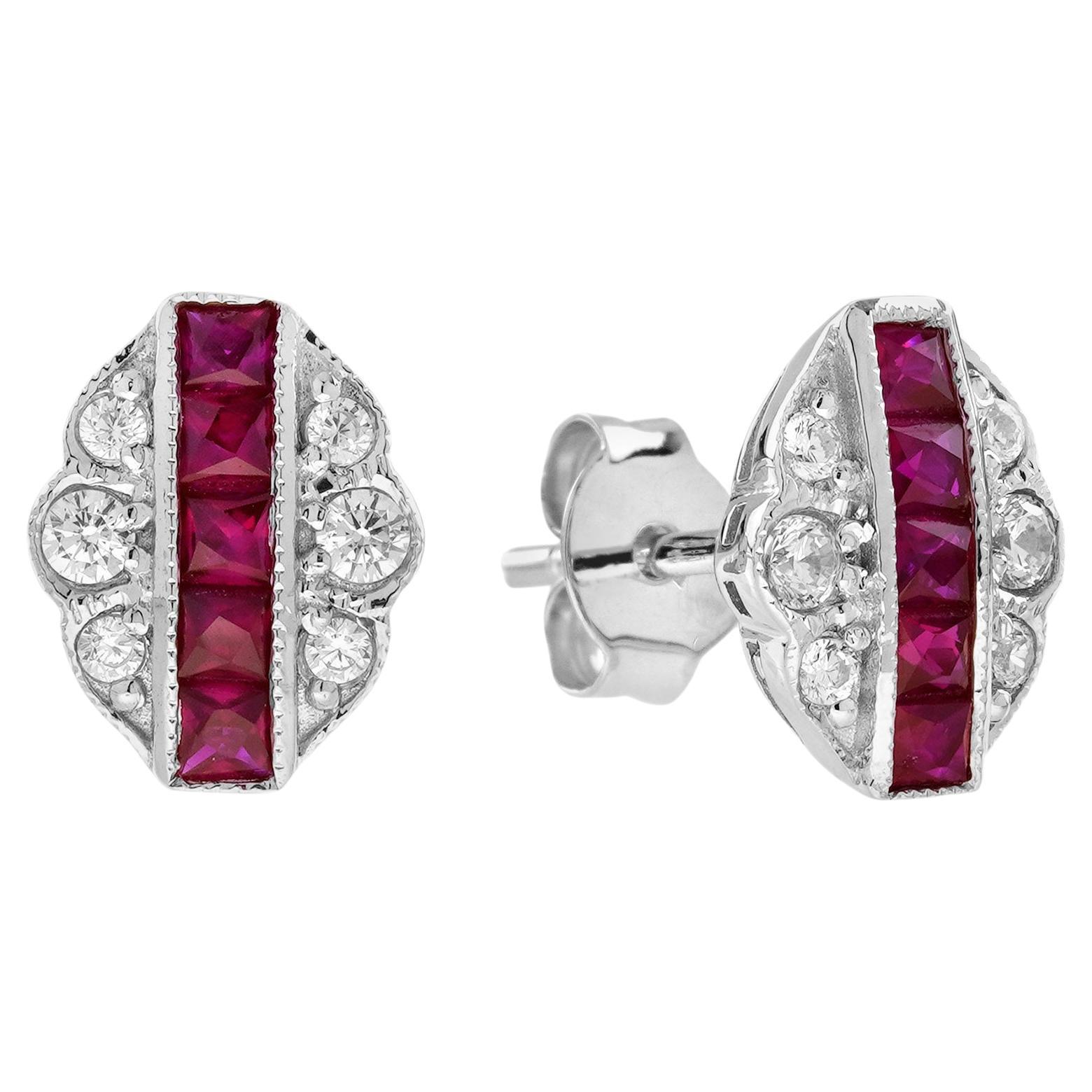 Orecchini con diamante rubino taglio francese in stile Art Deco in oro bianco 14 carati