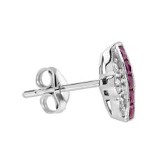 French Cut Ruby & Diamond Art Deco Style Stud White Gold Earrings