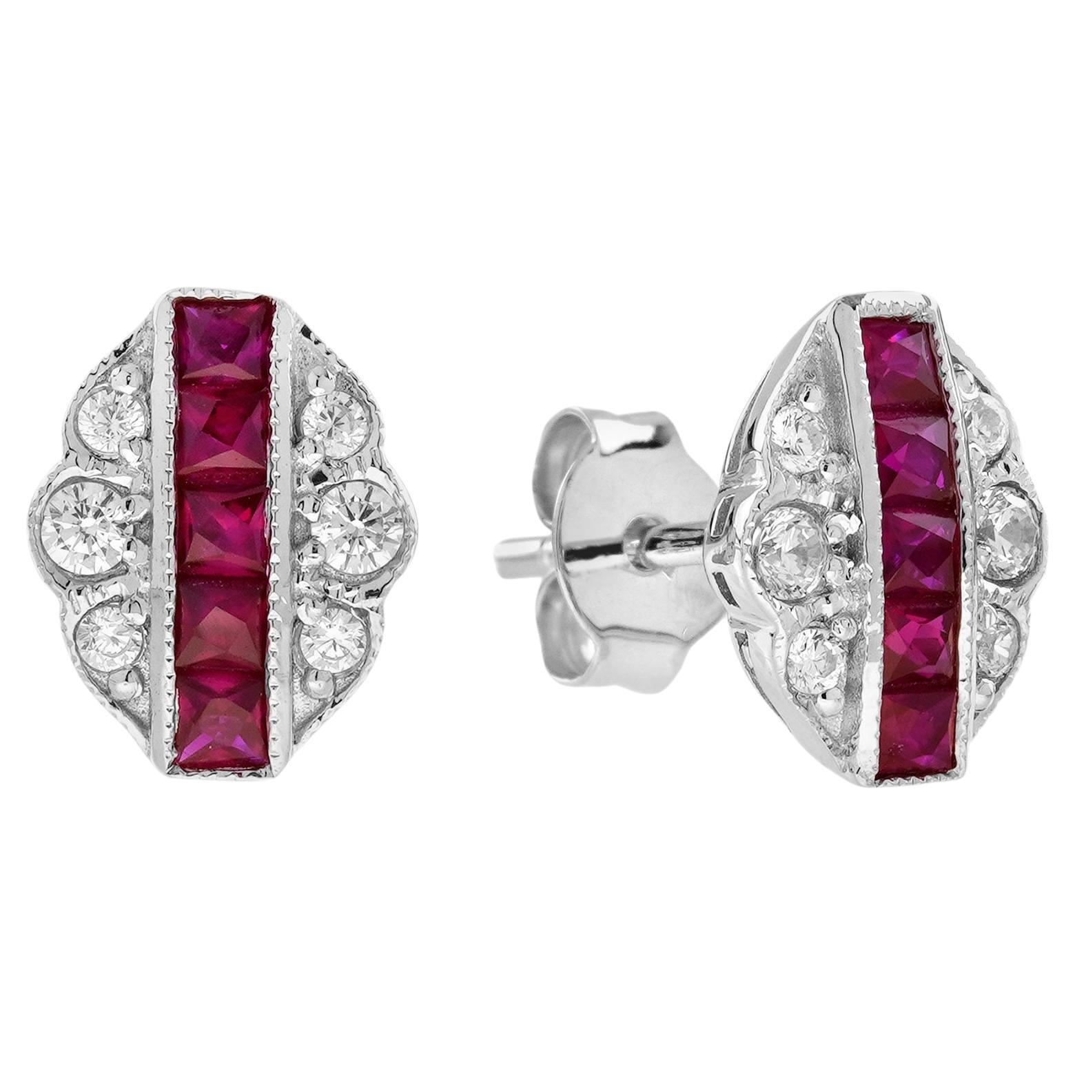 French Cut Rubin & Diamant Art Deco Stil Ohrstecker Weißgold