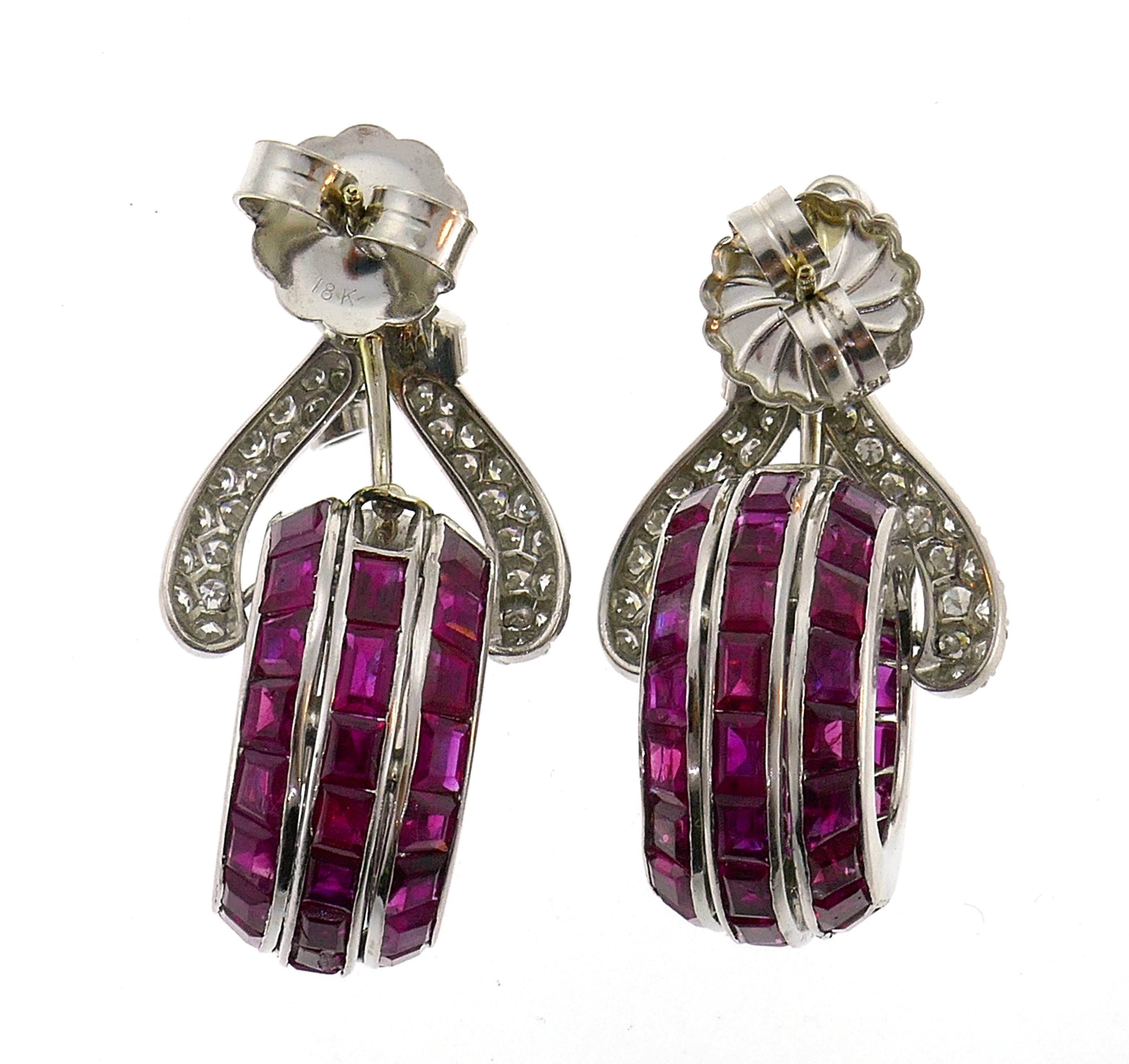 Vintage French cut Ruby Diamond Platinum Earrings For Sale 4