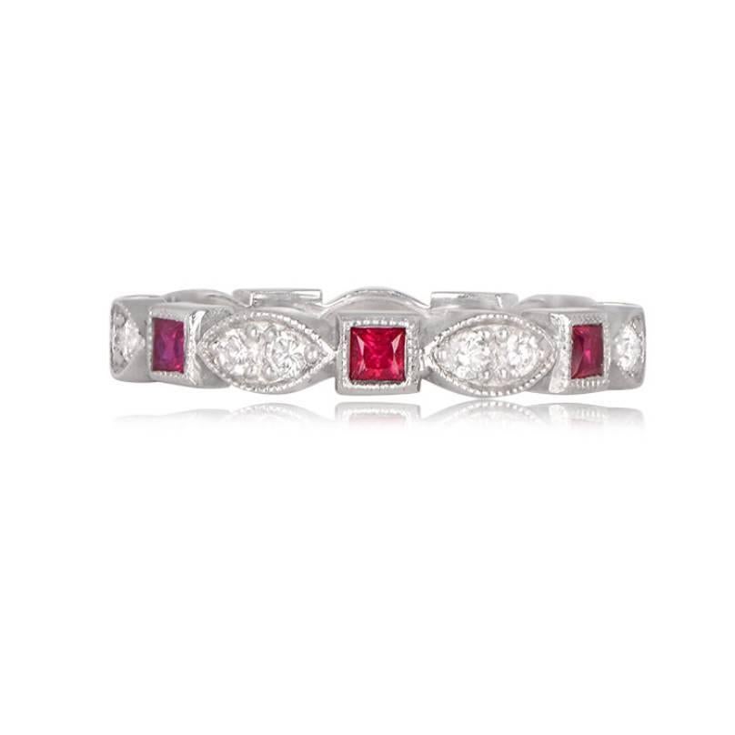 A stunning vintage-style wedding band crafted in platinum, featuring exquisite French-cut rubies and diamonds. The intricate detailing of fine milgrain enhances the delicate beauty of this captivating wedding band.

Ring Size: 6 US, Resizable
Metal: