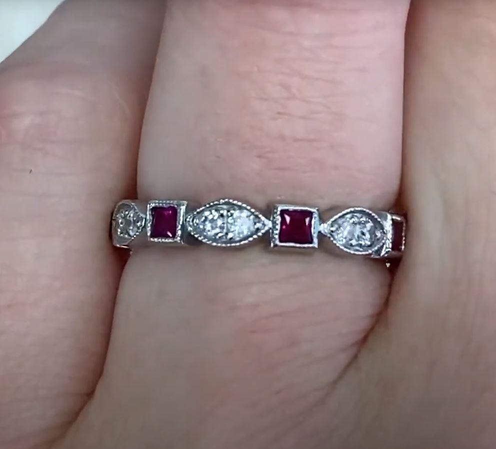 French Cut Ruby & Diamond Wedding Band, Platinum  In Excellent Condition For Sale In New York, NY