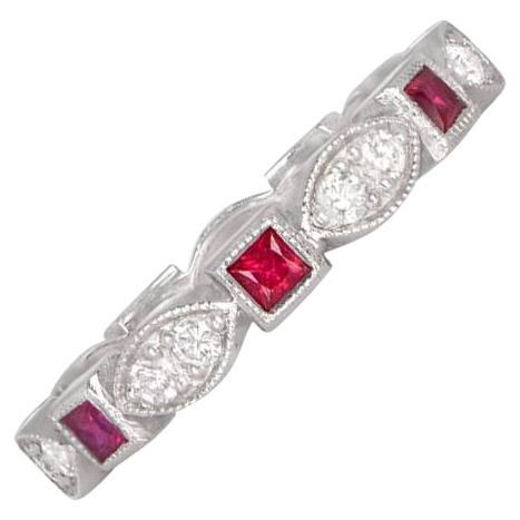 French Cut Ruby & Diamond Wedding Band, Platinum 