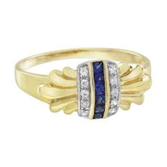 French Cut Sapphire and Diamond Art Deco Style Ring in 14K Yellow Gold