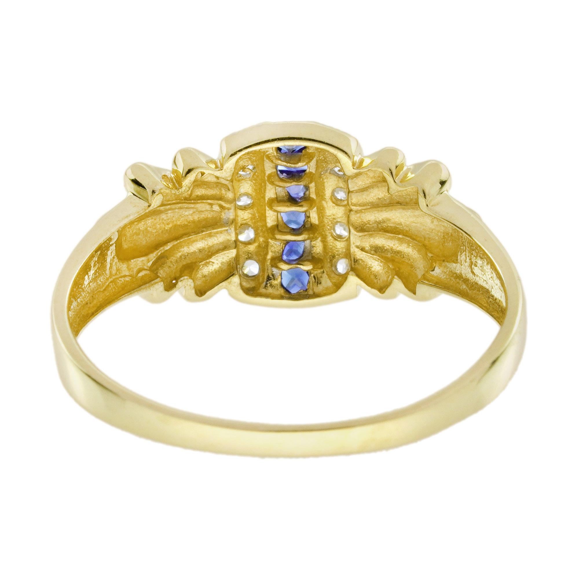 Anello in stile Art Déco con zaffiro e diamante taglio francese in oro giallo 14 carati In condizioni Nuovo in vendita a Bangkok, TH