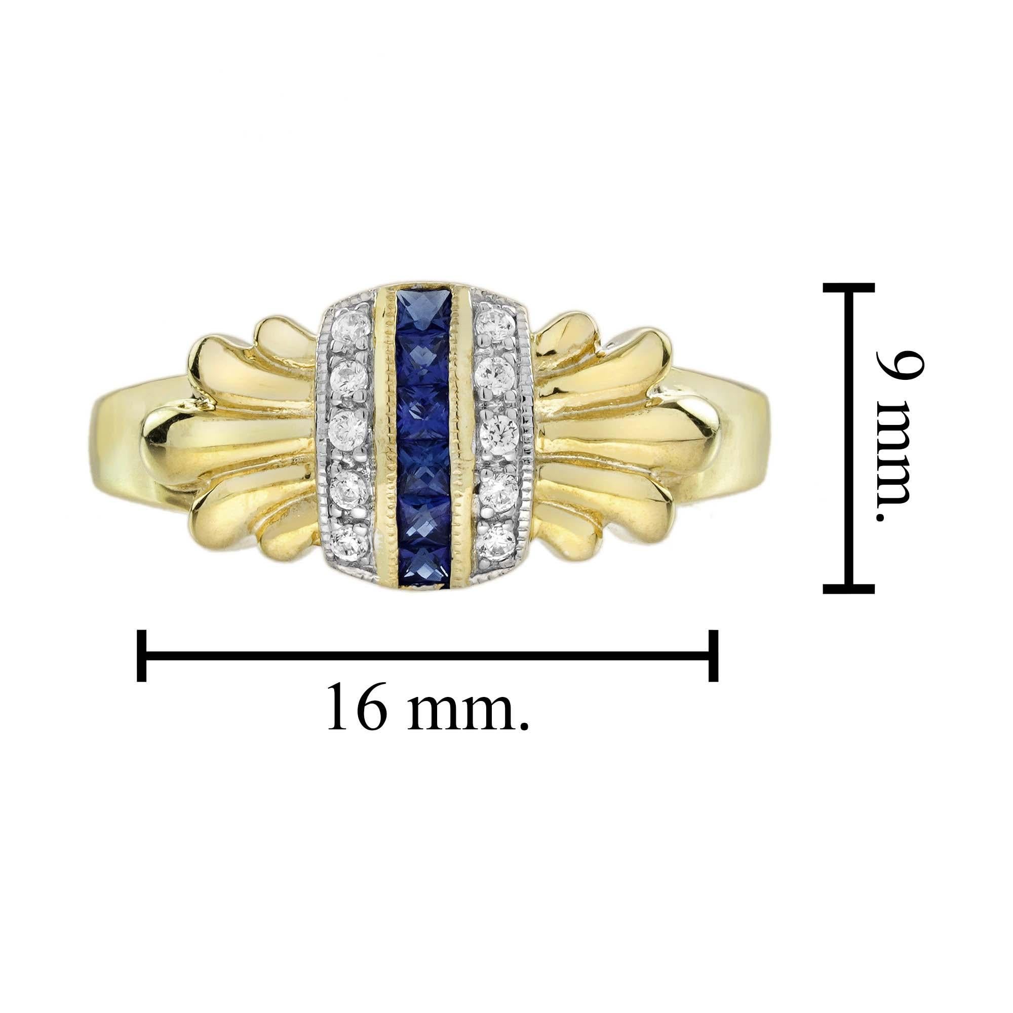 Anello in stile Art Déco con zaffiro e diamante taglio francese in oro giallo 14 carati in vendita 1