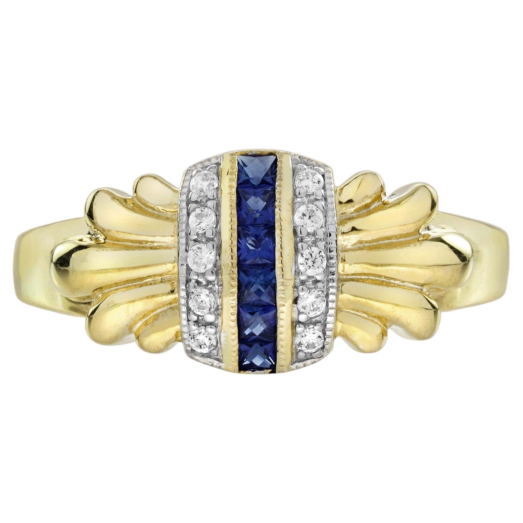 Anello in stile Art Déco con zaffiro e diamante taglio francese in oro giallo 14 carati in vendita