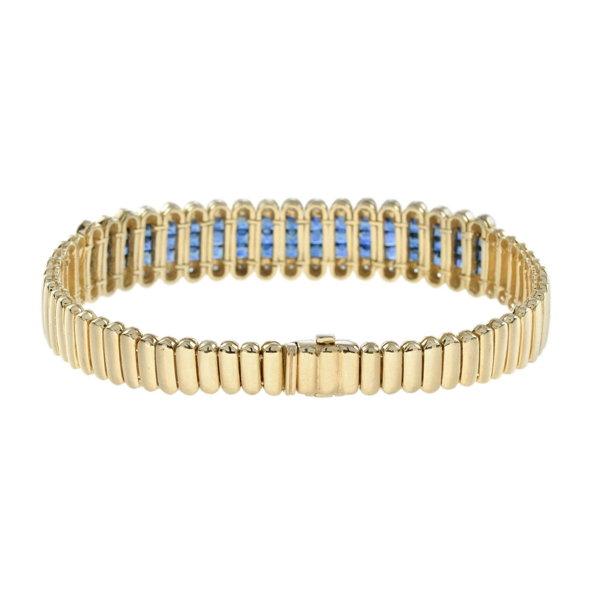Art Deco French Cut Sapphire and Diamond Bracelet in 18k Yellow Gold For Sale