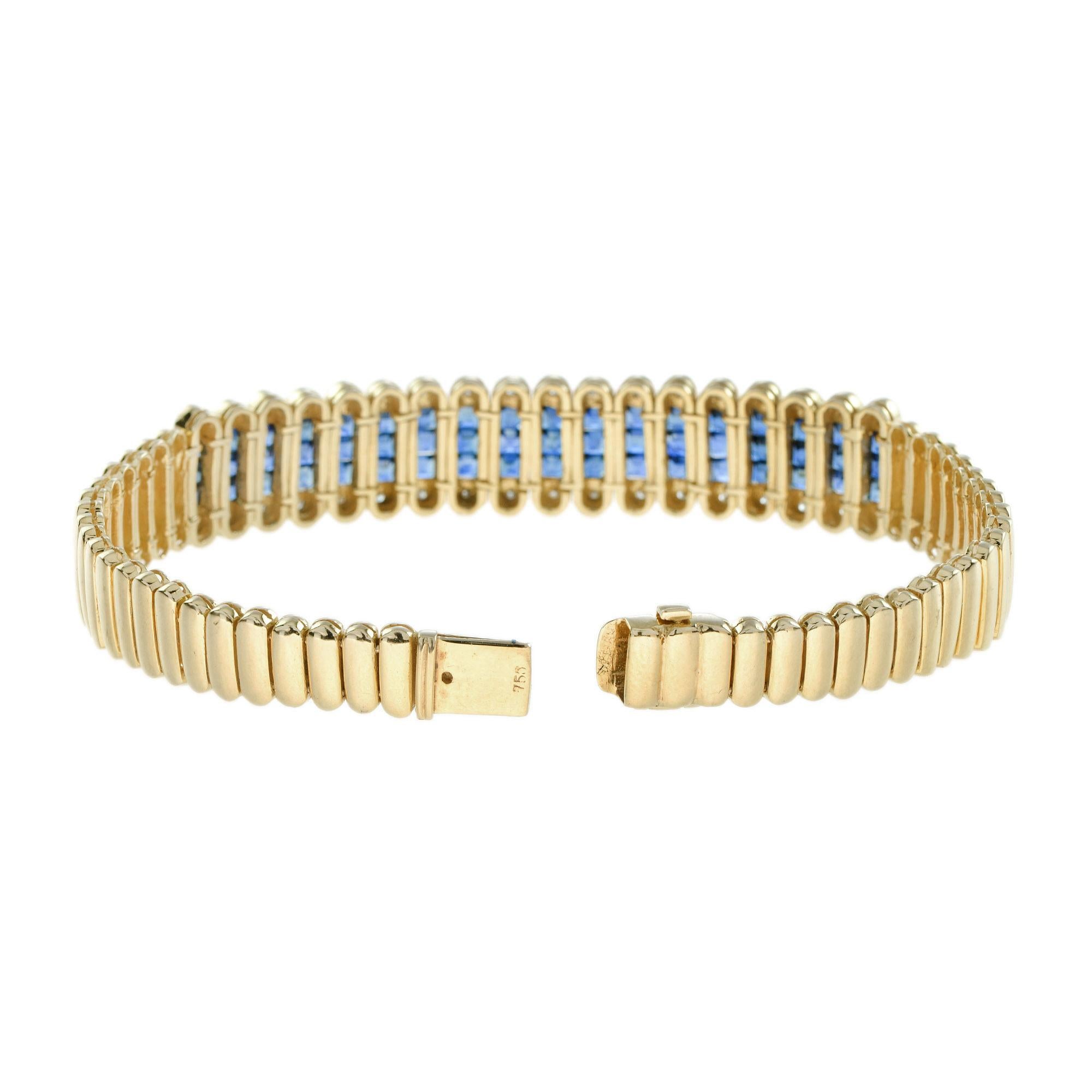 French Cut Sapphire and Diamond Bracelet in 18k Yellow Gold In New Condition For Sale In Bangkok, TH