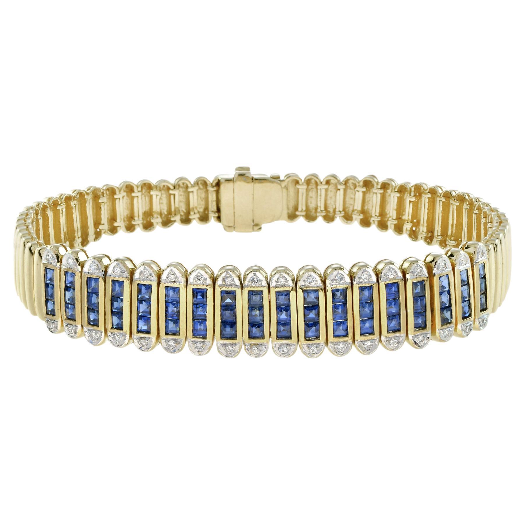 French Cut Sapphire and Diamond Bracelet in 18k Yellow Gold