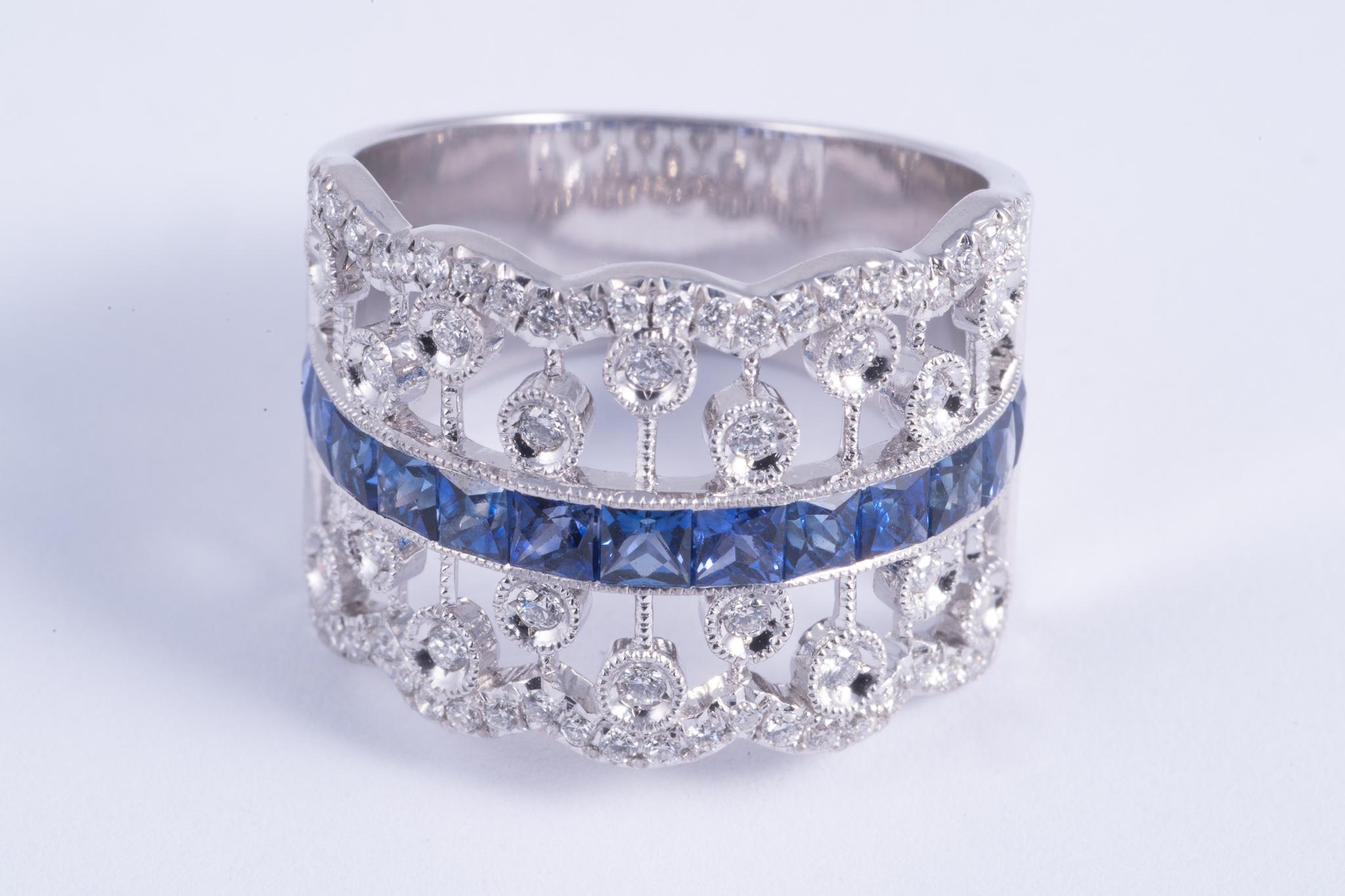 Contemporary French Cut Sapphire and Diamond Ring