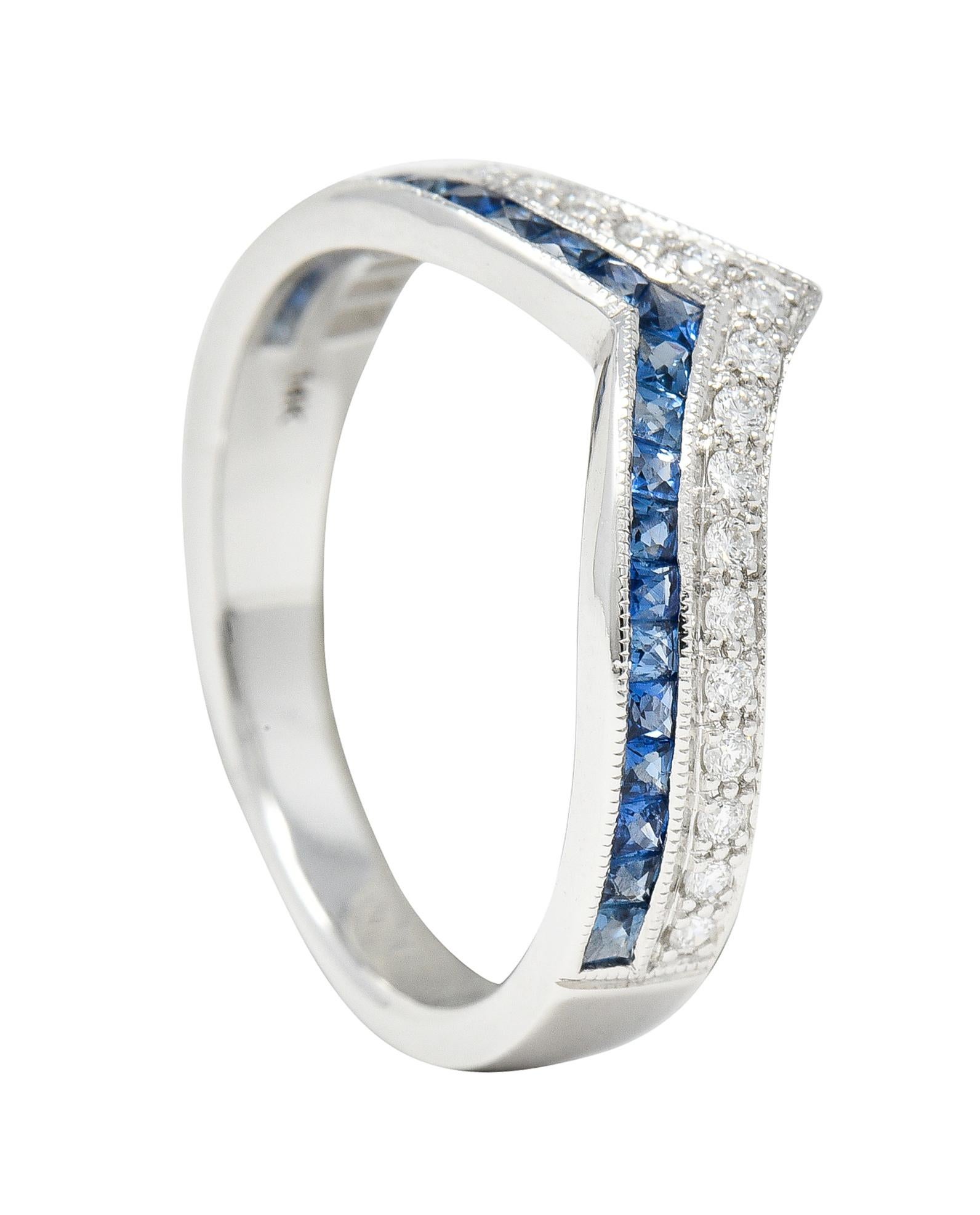 French Cut Sapphire Diamond 14 Karat White Gold Chevron Contour Band Ring For Sale 6