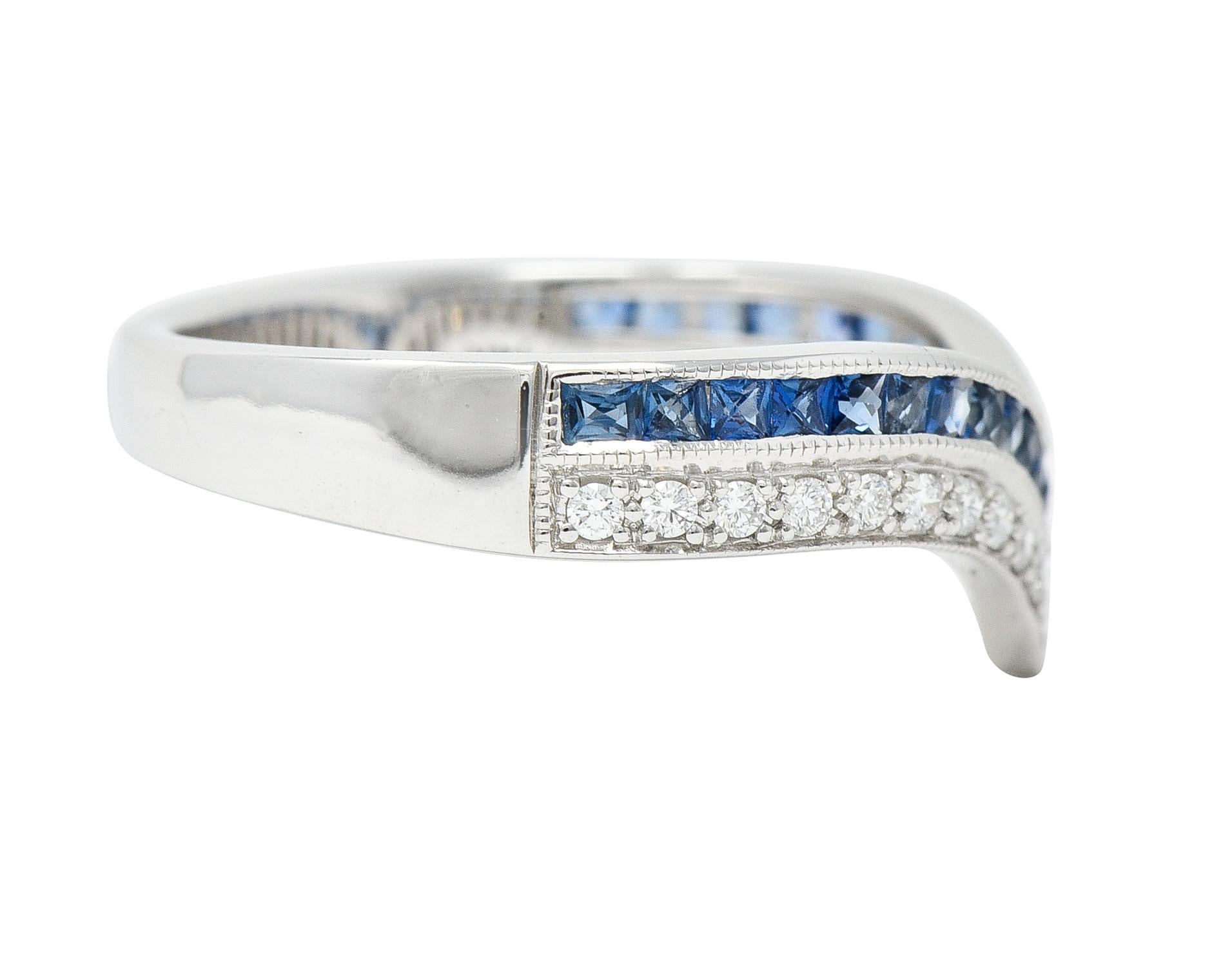 Contemporary French Cut Sapphire Diamond 14 Karat White Gold Chevron Contour Band Ring For Sale