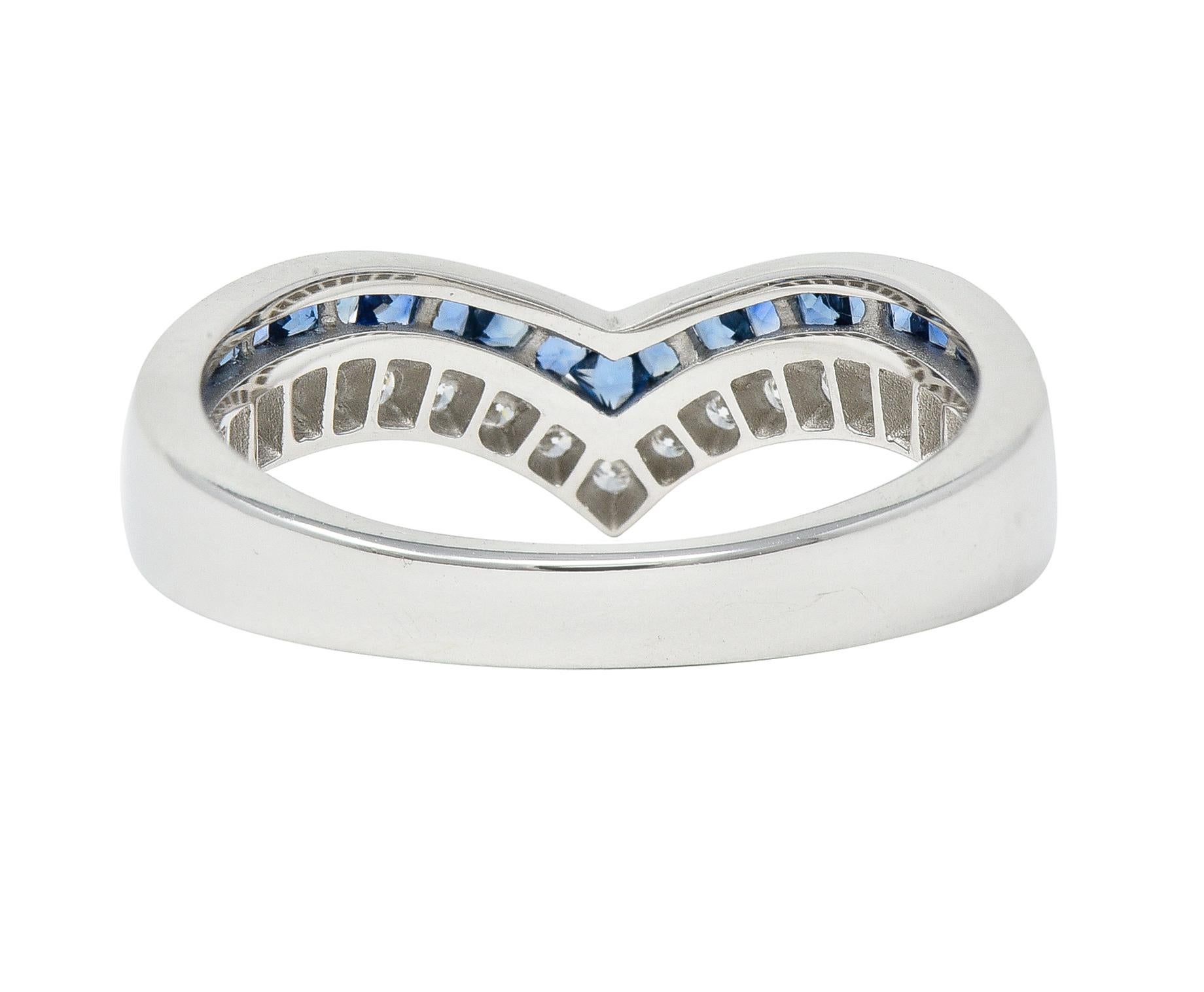 French Cut Sapphire Diamond 14 Karat White Gold Chevron Contour Band Ring In Excellent Condition For Sale In Philadelphia, PA