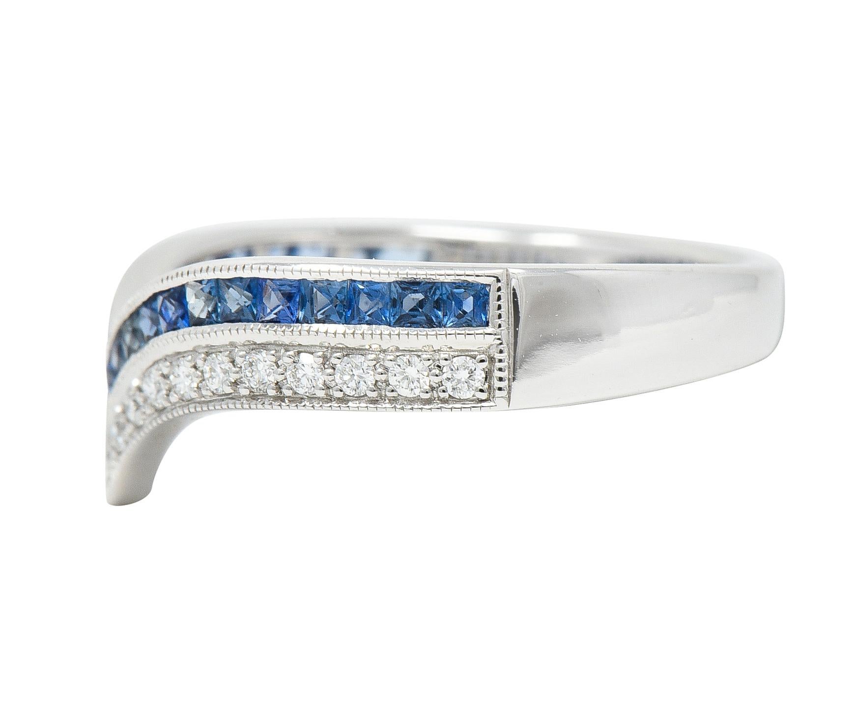 Women's or Men's French Cut Sapphire Diamond 14 Karat White Gold Chevron Contour Band Ring For Sale
