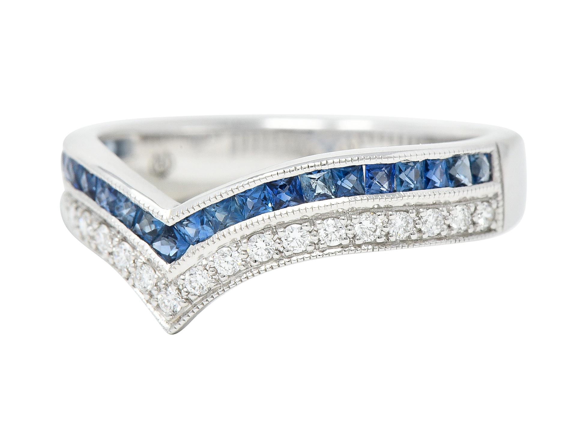 French Cut Sapphire Diamond 14 Karat White Gold Chevron Contour Band Ring For Sale 1