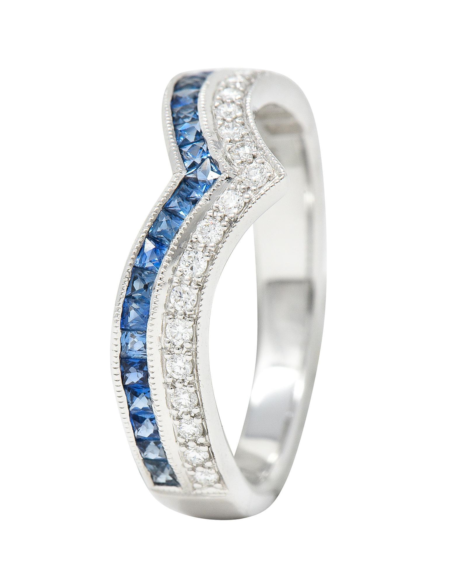 French Cut Sapphire Diamond 14 Karat White Gold Chevron Contour Band Ring For Sale 3