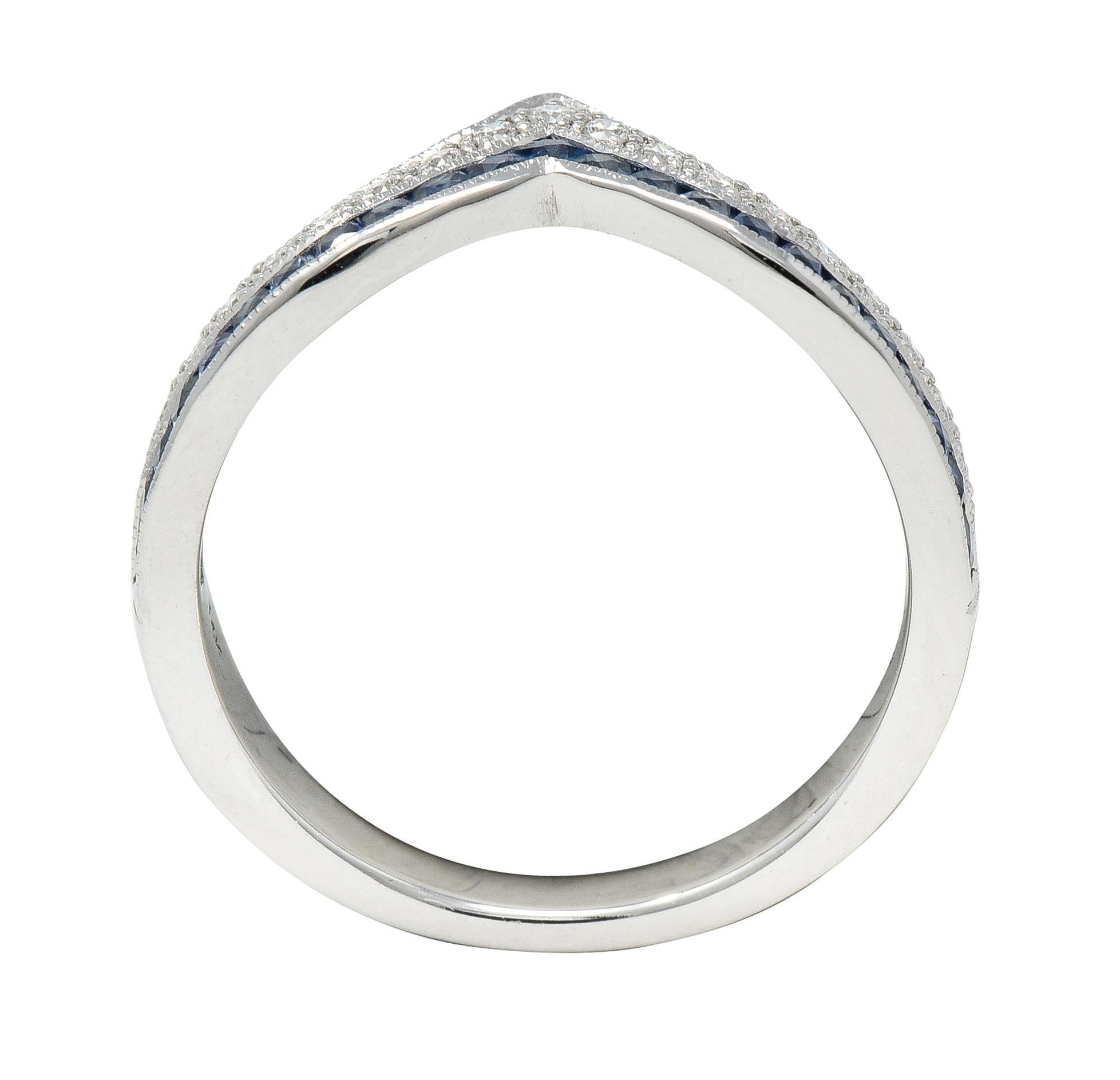 French Cut Sapphire Diamond 14 Karat White Gold Chevron Contour Band Ring For Sale 4