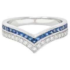 French Cut Sapphire Diamond 14 Karat White Gold Chevron Contour Band Ring